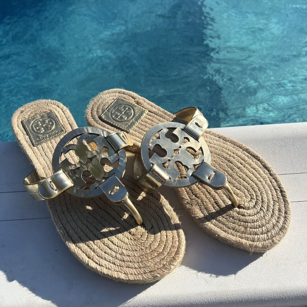 Tory Burch Gold Logo Rope Espadrille Thong Sandals